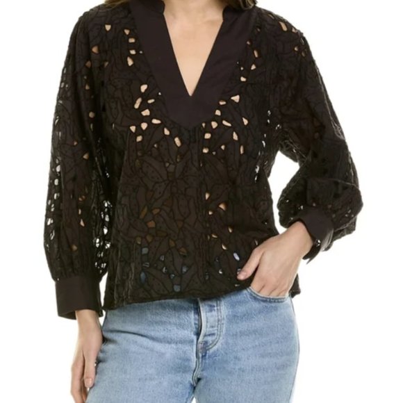 Joie Perci Embroidered Cutwork Top Women's M Black Split Neck Pullover L/S - Picture 1 of 6